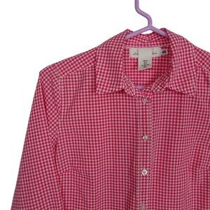 💰3/$25 H&M LOGG Women's Gingham Button Down Shirt Top Red White Preppy 2